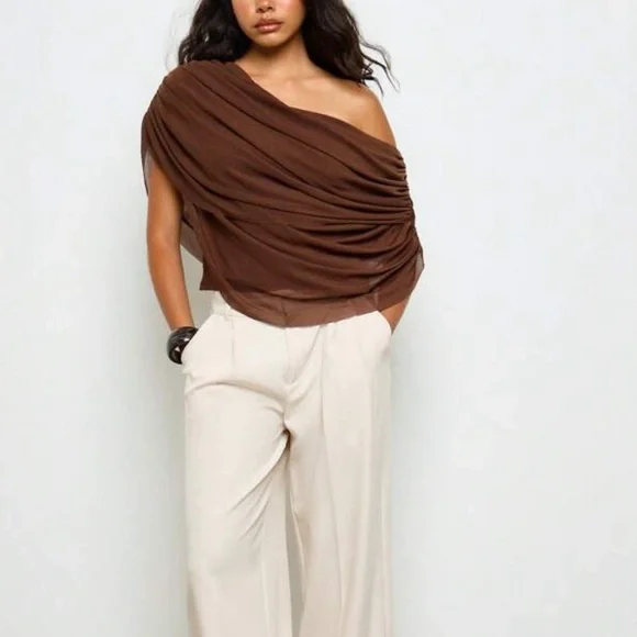 Brown asymmetrical off shoulder draped, flowy stretchy mesh top - Picture 3 of 4
